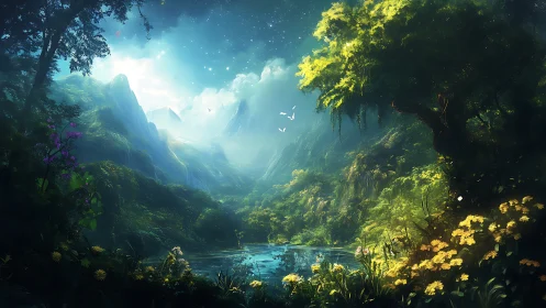 Moonlit mist drapes a secret valley where wildflowers listen