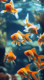 Goldfish school gliding through deep blue aquarium water.
