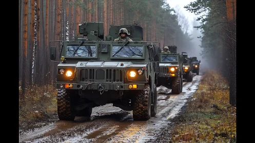 Armored convoy advances through misty forest track under guard.