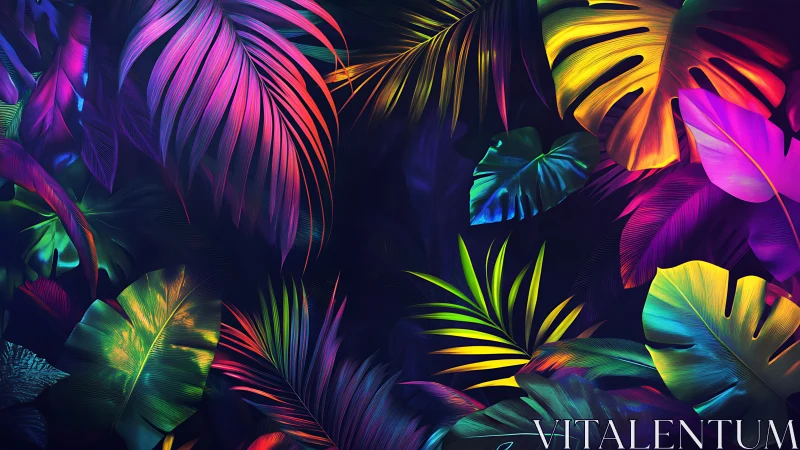 Neon jungle leaves glow softly against a deep midnight backdrop
