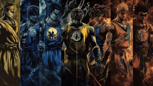 Martial warriors aligned in chromatic elemental contrast.