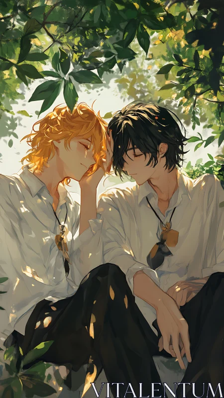 Two students resting under leafy canopy in dappled light.