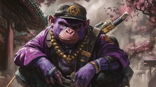 Purple anthropomorphic ape warrior in samurai courtyard scene.