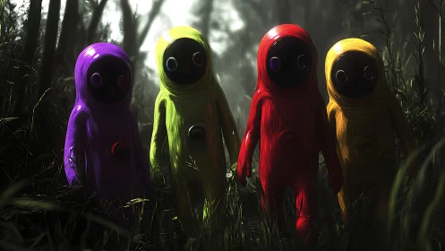 Four glossy alien figures walk through dense forest undergrowth