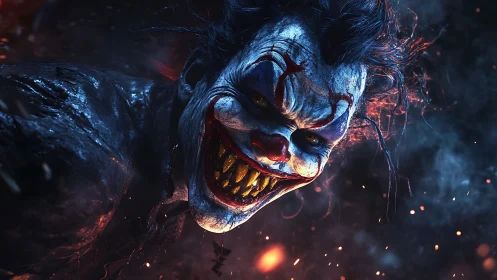 Nightmarish clown leans close with a wicked, fiery grin