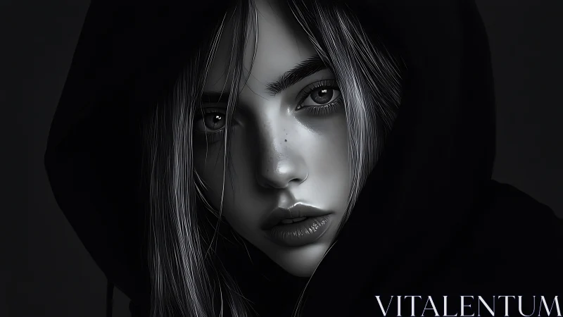 Hooded girl in monochrome, intense digital portrait study.