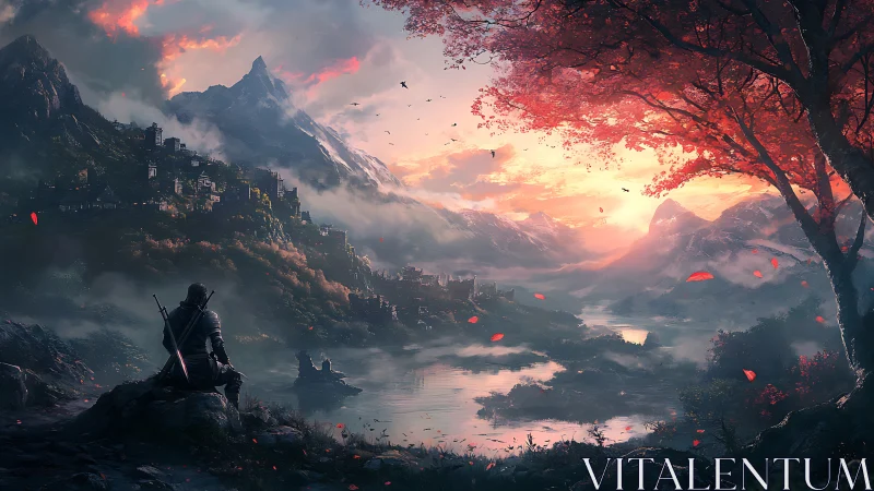 Solitary warrior overlooking misty citadel at ember dusk.