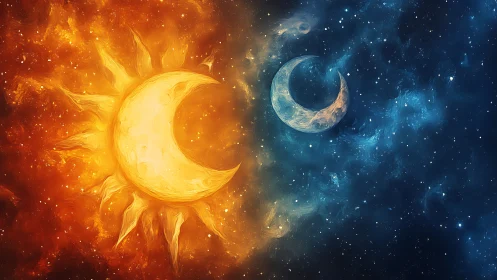 Twin crescents trade light where blazing day meets night