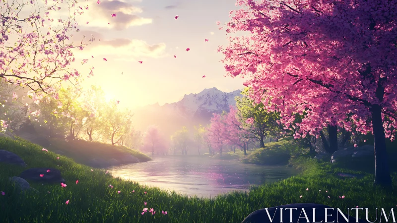 Sunlit cherry blossom valley unfolds around tranquil river.