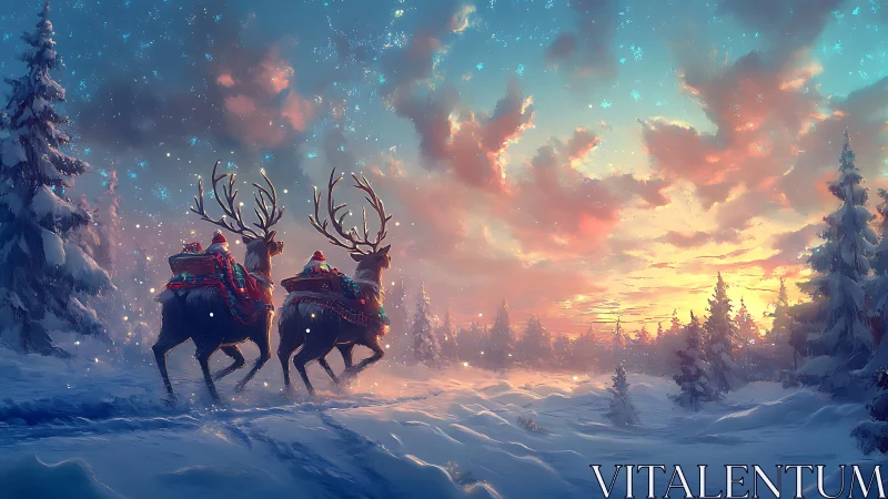 Reindeer cross a glowing winter forest at enchanted sunset