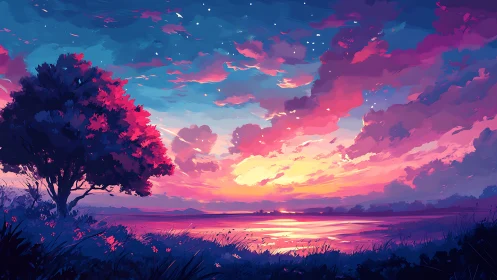 Chromatic dusk landscape with luminant sky reflection field.