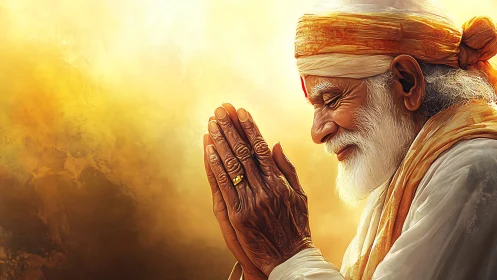 Golden dawn prayer with serene elder wrapped in silence.