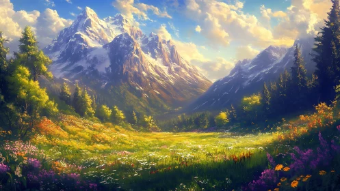 Snowcapped mountain range overlooks sunlit wildflower meadow