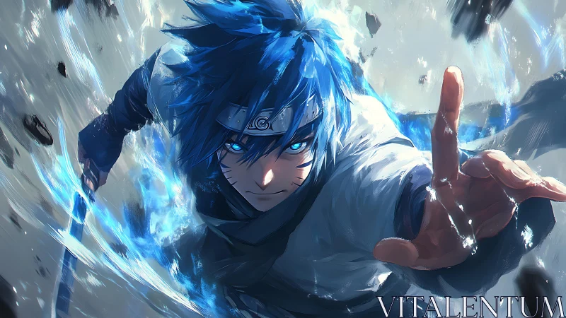 Dynamic anime action portrait with blue energy effects.