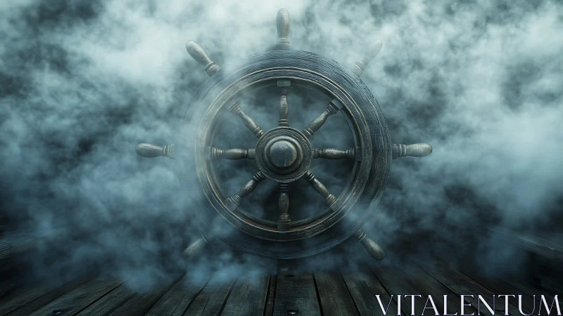 Ship’s wooden wheel partially obscured by dense surrounding fog.