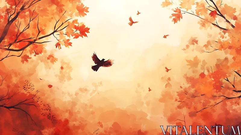 Autumn canopy with soaring birds in warm orange light.
