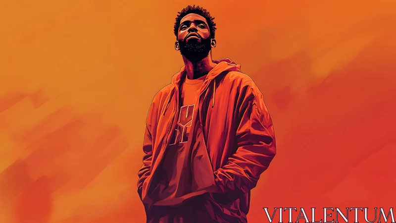 Digital painting portrait with bold monochrome orange field.