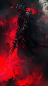 Ashen warlord strides through bloodfire and shadowed embers.