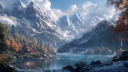 Snow-covered alpine range with lake and forested shore.