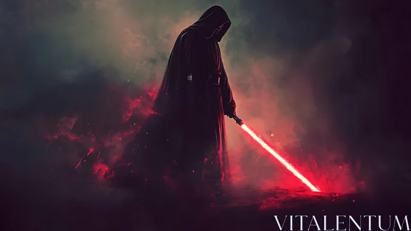 Dark hooded warrior ignites crimson laser blade amidst smoke.