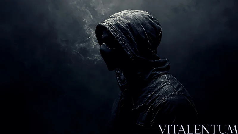 Hooded masked figure in dramatic low key rim lighting profile.