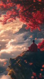 Monk above the clouds beneath a blazing crimson maple sky.
