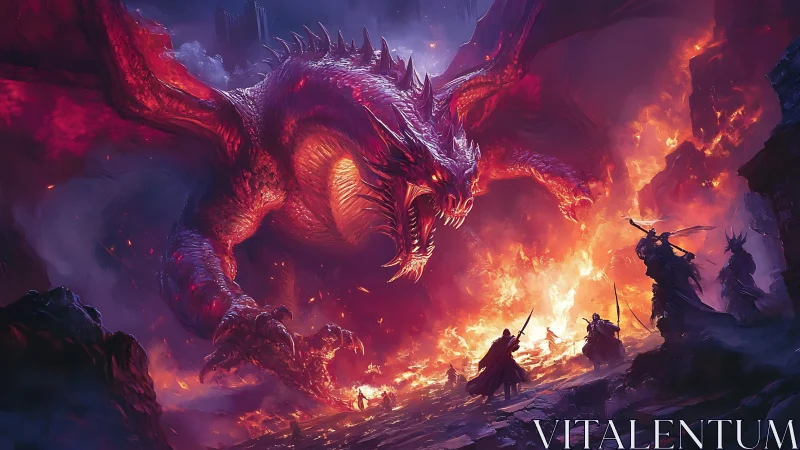Titanic crimson dragon over battlefield of searing fire.
