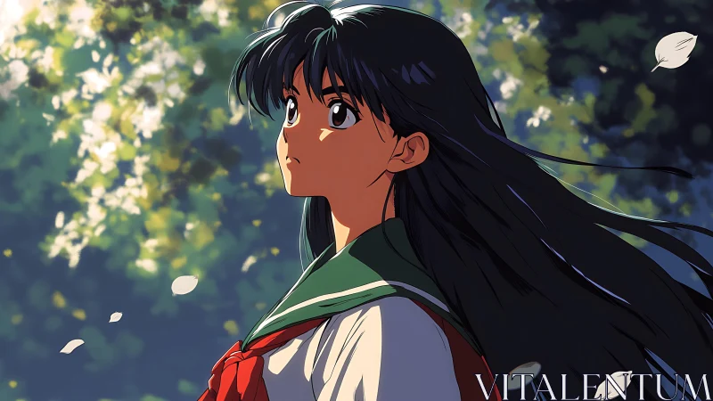 Anime schoolgirl gazes upward in a softly glowing forest breeze