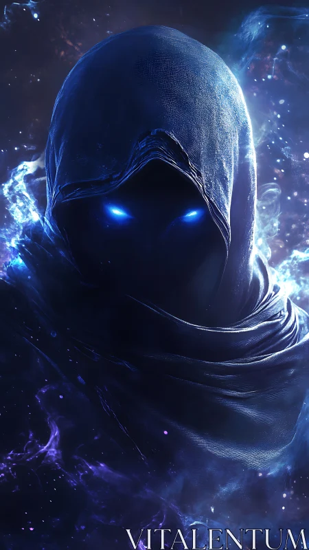 Spectral hooded entity with luminous blue ocular cores in void.