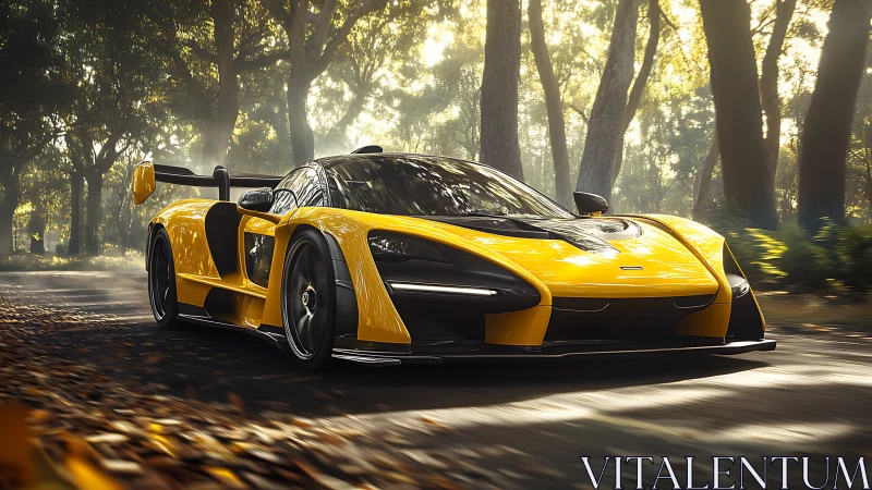 Aerodynamic yellow hypercar cornering through sunlit forest road