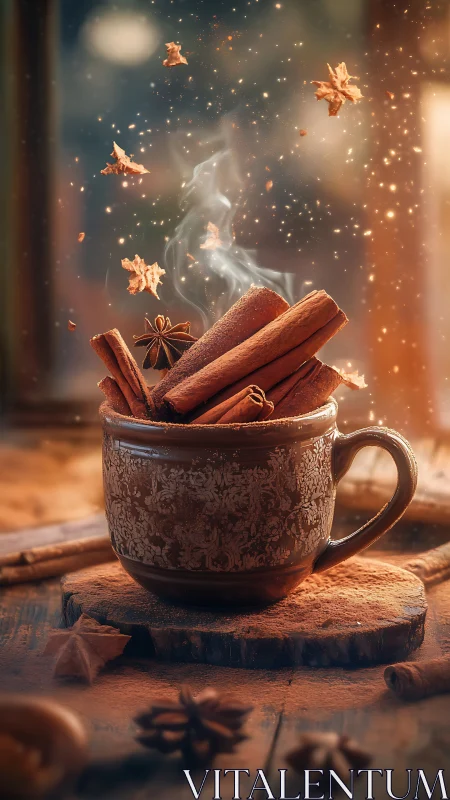 Warm spiced cinnamon mug with floating autumn stars.