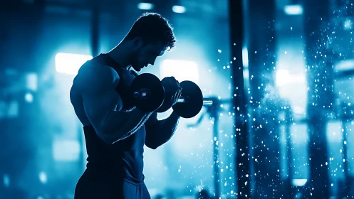 Focused athlete lifts dumbbells in dramatic blue gym light.