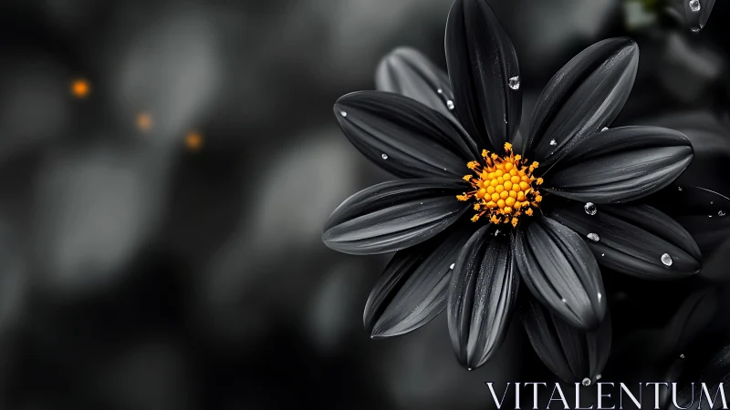 Black flower with golden center and water droplets on petals.