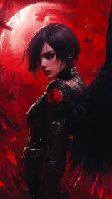 Winged figure in black attire against red abstract field.