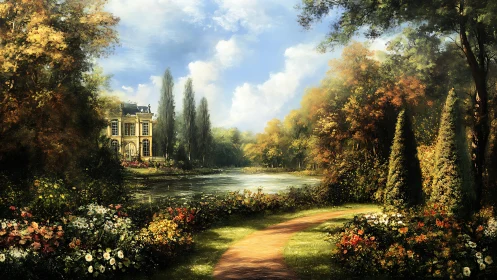 Formal manor garden curves around reflective lake under soft sky