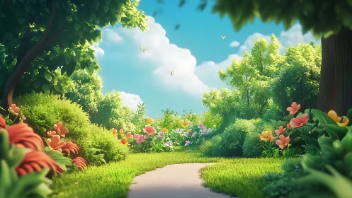 Sunny garden path lined with soft flowers and bright greenery.