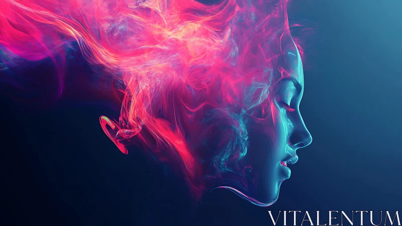 Neon vapor portrait of female profile in luminous motion.