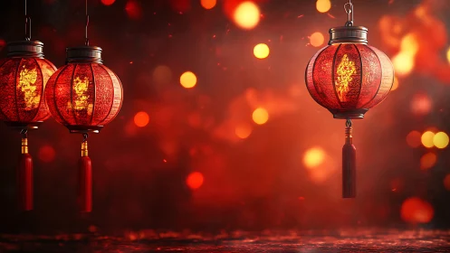 Red Chinese lanterns glowing against vibrant bokeh field.