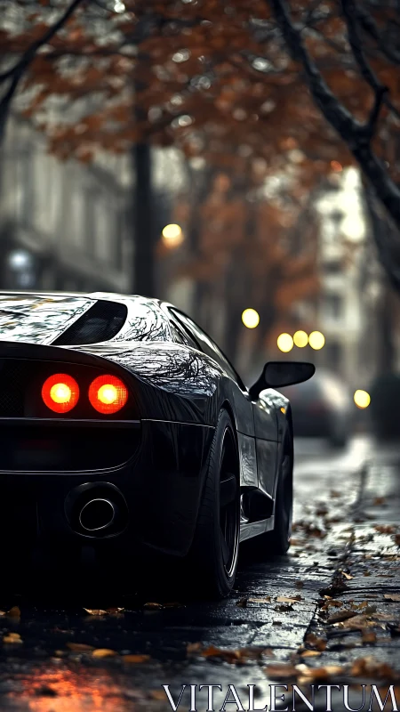 Black sports car on wet autumn city street at dusk.