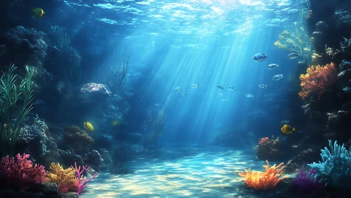 Sunlit coral ballroom where wandering reef fish drift slowly.