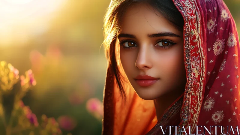 Portrait of young woman in red embroidered veil at sunset.