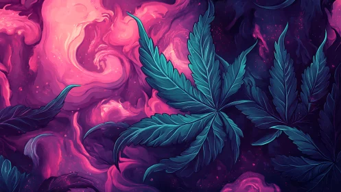 Teal cannabis leaves float over swirling pink abstract background