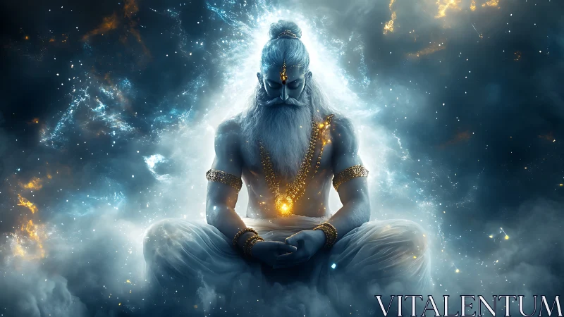 Starlit cosmic sage in thundercloud meditation glow.