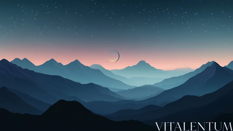 Digital crescent moon over layered mountain silhouettes.