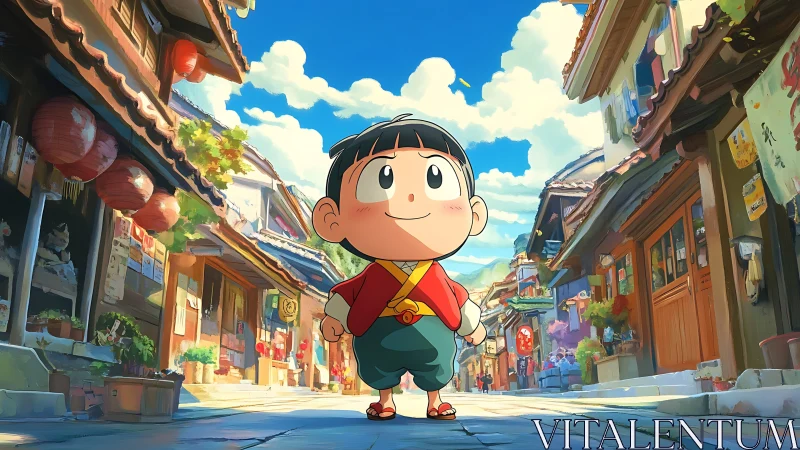 Bright eyed child strolls a colorful old town street