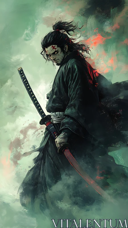 Battle-worn samurai with blood-red katana in misty vortex