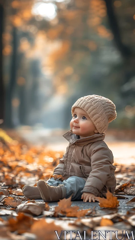 Child Seated on Autumn Ground in Warm Golden Bokeh Light