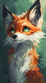 Stylized fox portrait with green eyes in soft light.