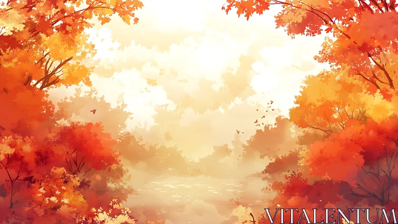 Autumn Landscape with Falling Leaves and Misty Water
