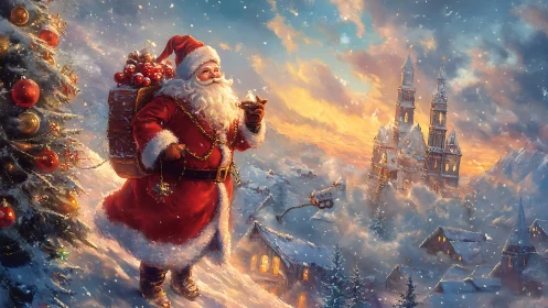 Santa on snowy ridge overlooking illuminated winter village